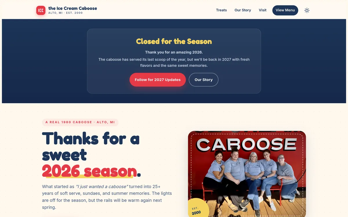 Screenshot of the Ice Cream Caboose website